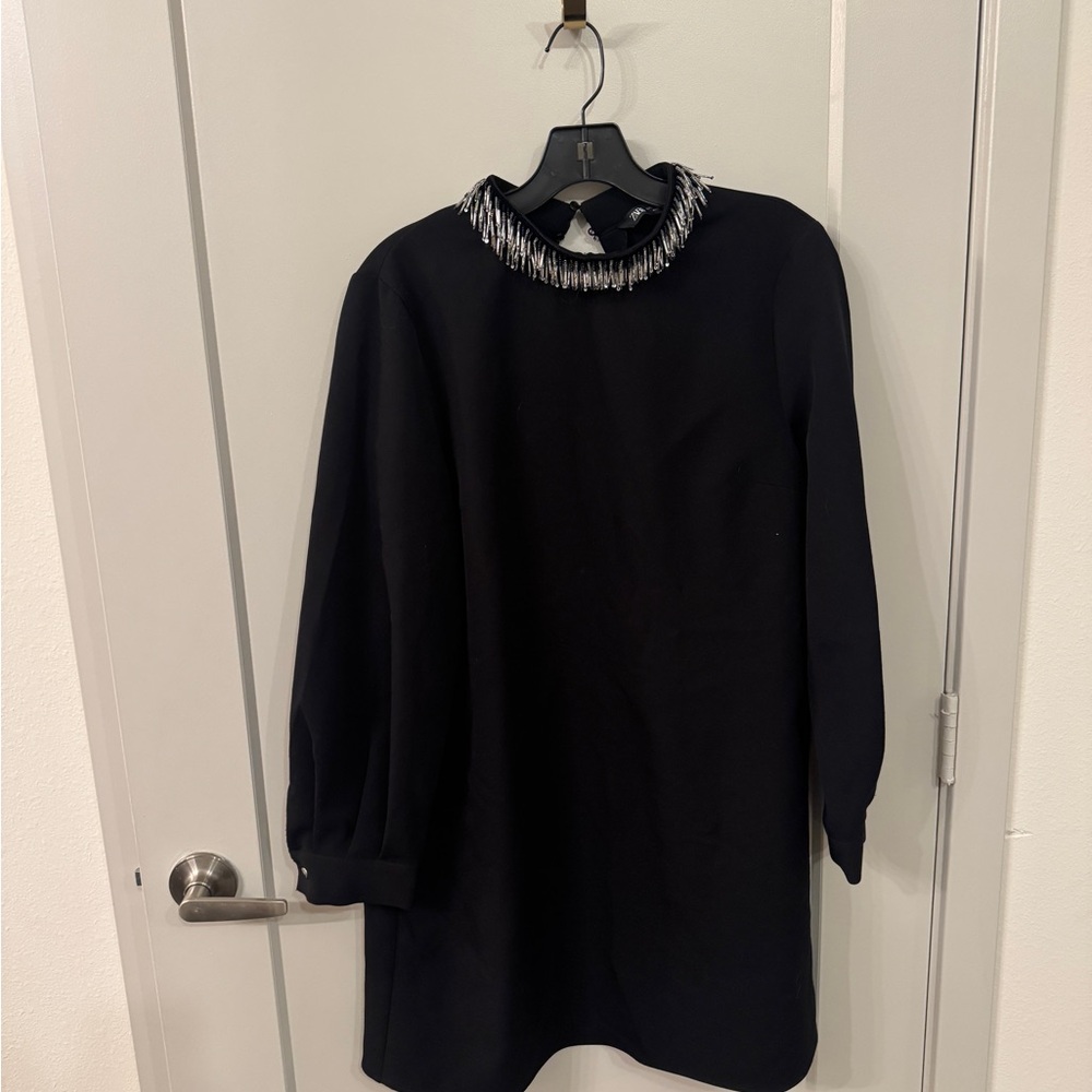 Zara Elegant Black Dress with Embellished Collar